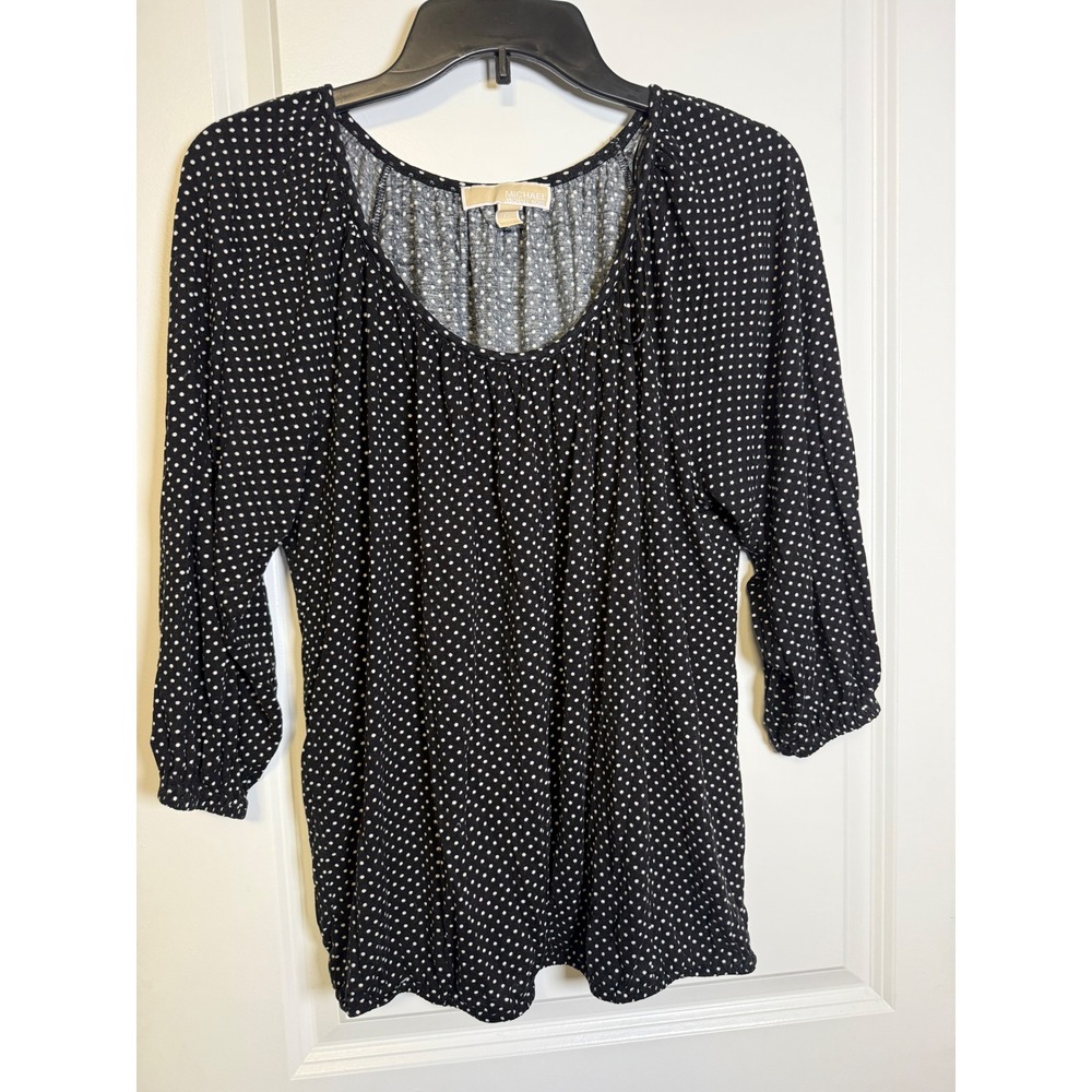 Michael Kors Black Polka Dot Round Neck 3/4 Elastic Sleeve Viscose Top XL
